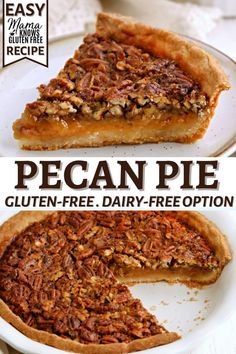 pecan pie with one slice missing from it and the other half on a plate