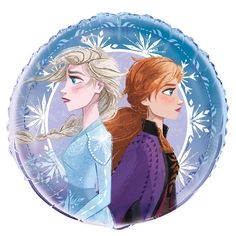 two frozen princesses are facing each other in front of an air filled balloon with snowflakes on it