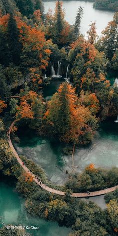 an aerial view of a river surrounded by trees