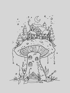 a mushroom house in the middle of a forest with trees and houses on it's roof