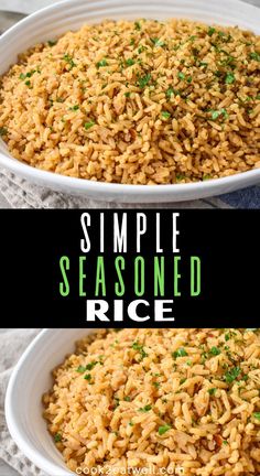 two white bowls filled with rice and topped with parsley