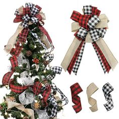 a christmas tree decorated with burlocks and plaid ribbon, next to other decorations