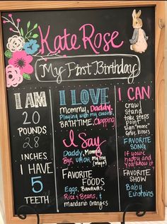 a chalkboard sign with some writing on it that says kate rose my first birthday