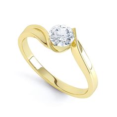 a yellow gold engagement ring with a round diamond in the center, on a white background