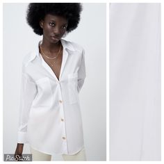 Nwt. Zara White Long Blouse With Gold Buttons, Lapel Collar, V-Neckline, Long Sleeves, Front Patch Pockets, Front Gold Button Closure. Size L. Ref. 2166/920. Pit To Pit 24" Flat, Shoulders 21,5", Sleeves 20", Length 29". 1059. White V-neck Chic Shirt, White V-neck Blouse For Work, Chic White V-neck Shirt, White V-neck Shirt For Daywear, Classic White Zara Blouse, Chic V-neck Shirt For Daywear, Classic V-neck Blouse For Day Out, Zara V-neck Workwear Shirt, Zara V-neck Shirt For Workwear