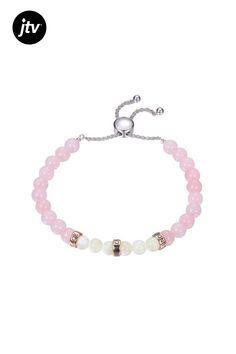 Round Rose Quartz And White Mother of Pearl Rhodium Over Sterling Silver Bolo Bracelet Elegant Adjustable Pink Bracelet, Pink Bracelets For Mother's Day, Pink Jubilee Beaded Bracelet, Adjustable Rose Quartz Jewelry In Rose Color, Adjustable Rose Quartz Rose-colored Jewelry, Elegant Rose Quartz Pink Crystal Bracelet, Elegant Pink Round Beaded Bracelets, Elegant Rose Gold Beaded Bracelets With Rose Quartz, Elegant Adjustable Rose Gold Rosary Bracelet