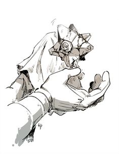 a black and white drawing of a person holding something in their hand with both hands