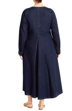 A versatile denim dress cut in a midi silhouette lends casual charm to your style with a flowy skirt and a raw, released hem. Slips on over head V-neck Long sleeves with button cuffs 96% cotton, 2% polyester, 2% viscose Machine wash, line dry Imported Casual A-line Denim Dress For Fall, Dark Wash Denim Dress With Frayed Hem For Fall, Chic Denim Dress With Asymmetrical Hem, Chic Fall Midi Denim Dress, Fall Denim Dresses With Frayed Hem, Dark Wash Denim Midi Dress, Spring Midi Dress With Frayed Hem, Chic Knee-length Dark Wash Midi Dress, Chic Dark Wash Knee-length Midi Dress