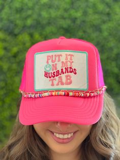 Put It On My Husbands Tab Pink Trucker Hat with Hat Chain - Foam Vintage Trucker Hat Unisex Adult Size by thepurplepetunia on Etsy Hat Chain, Pink Trucker Hat, Gold Hat, Vintage Trucker Hat, Gold Hats, Different Hats, Vintage Trucker Hats