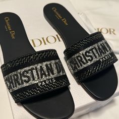 Black Cotton Embroidery With Metallic Thread And Silver-Tone Strass New Only Tried On With Original Box And Dust Bags Reference: Kcq209chs_s900 Designer Sandals Flat, Dior Slides, Baddie Nails, Swag Shoes, Cotton Embroidery, Cute Sandals, Dior Shoes, Designer Sandals, Metallic Thread