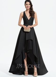 Coupe Évasée Col V Asymétrique Satiné Robe de demoiselle d'honneur avec Robe à volants (007255087) - JJ's House Bridesmaid Dresses Neckline, Asymmetrical Prom Dress, Princess Bridesmaid Dress, Ruffle Prom Dress, Robes D'occasion, Satin Ball Gown, Ball Gowns Princess, Sleeveless Bridesmaid Dresses, V Neck Prom Dresses