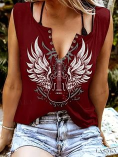 Lasaky - Guitar Pattern V Neck Tank Top: A Chic and Trendy Sleeveless Summer Apparel for Women Casual Summer Tops, V Neck Tank Top, Sleeveless T Shirt, Womens Tops Summer, Western Boho, Womens Tie, Casual Tops For Women, Sleeveless Tshirt, Henley Shirts