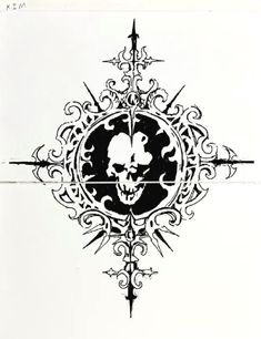 a black and white drawing of a skull on a cross with arrows in the middle