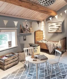 a living room filled with furniture and lots of wood planks on the ceiling above