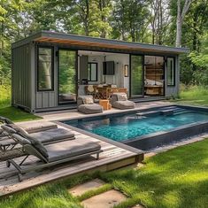 a backyard with a pool, lounge chairs and an outdoor living area in the background