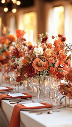 there are many vases with flowers in them on the long table set for an event