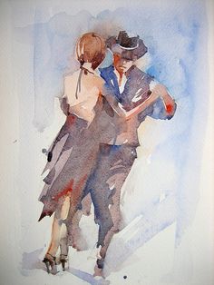 a watercolor painting of two people dancing on the danceflossy floor with their arms around each other