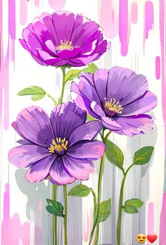 three purple flowers with green leaves in front of a white wall and pink paint splattered background