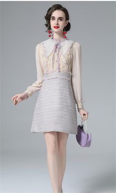 Mesh Heavy Industry Embroidery Bead Stitch Long Sleeve A-Line Dress Elegant Mini Dress With Doll Collar For Spring, Feminine Long Sleeve Embroidered Dress With Floral Detail, Feminine Long Sleeve Dress With Floral Embroidery, Long Sleeve Embroidered Beige Dress, Summer Embroidered Dress With Doll Collar, Beige Embroidered Long Sleeve Dress, Embroidered Beige Fall Dresses, Fall Embroidered Beige Dress, Long Sleeve Summer Dresses With Pearl Embroidery