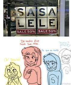 three different colored images of people in front of a sale sign with the words sasa lele on it