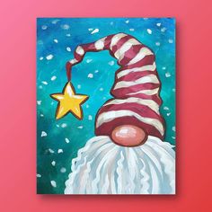 an acrylic painting of a gnome with a star in his hat on a pink background