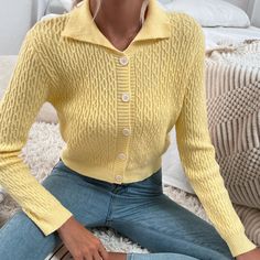 Cable Knit Cropped Yellow Cardigan. Color Is More Accurate To 1st And 3rd Photo! Size Small. New, Never Worn. Spring Collared Pointelle Knit Sweater, Fitted Collared Knitted Sweater, Fitted Collared Knit Cardigan, Fitted Pointelle Knit Button-up Sweater, Fitted Pointelle Knit Button-up Cardigan, Fitted Textured Knit Button-up Sweater, Fitted Button-up Pointelle Knit Cardigan, Fitted Button-up Cardigan With Pointelle Knit, Casual Fitted Pointelle Knit Cardigan