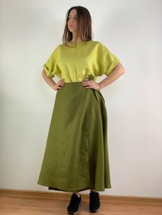 "Handmade olive color linen long wrap skirt with pockets, perfect for casual wear and suitable for any occasion in any season Details: - 100% natural linen produced in Europe ; - medium weight (180 gram per square meter); - color: could be any from our colors catalog (color samples at the photo); Made to order, approximately a few days, If you have any questions please message me and I will be glad to answer. Size guide : Size XS Bust: fits bust around 33\"-34\"/ 84-88 cm Waist: fits waist aroun Summer Linen Green Skirt, Green Linen Skirt For Summer, Summer Green Linen Skirt, Green Linen Maxi Skirt For Summer, Summer Green Linen Maxi Skirt, Relaxed Green Cotton Wrap Skirt, Green Relaxed Cotton Wrap Skirt, Green Linen Lined Skirt, Green Linen Maxi Skirt