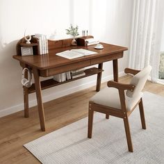 a wooden desk with a chair next to it