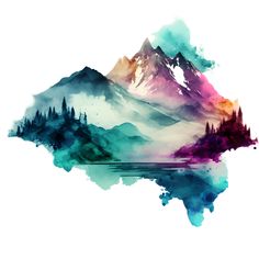 watercolor painting with mountains and trees on it