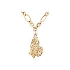 Pendant: 14K Gold; Available in Rose, Yellow, and White Gold Brushed Pendant with High Polish Details Length: 26.2mm, Width: 17.2mm, Thickness: 1.8mm Chain: Mixed Rolo Chain with Oval Links & Lobster Clasp 14K Rose Gold; Available in Rose, Yellow, and White Gold Available sizes: 16 - 18in Total Weight: Approx 10.4g 14k Rose Gold Necklace With Figaro Chain, Detailed Butterfly, Braided Necklace, Butterfly Kisses, Butterfly Wing, Rose Yellow, Rolo Chain, Butterfly Wings, Chain Link Necklace