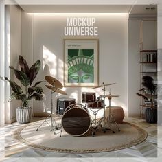 a drum set sits in front of a poster on the wall next to a potted plant