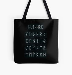 a black tote bag with the alphabet written on it