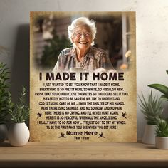 an old woman holding a coffee mug with the words i made it home