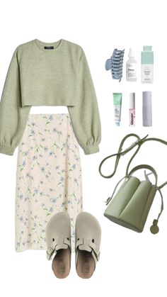 a woman's outfit with shoes and accessories