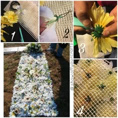 four pictures showing different stages of making flowers out of fabric and wire mesh, including one being cut with scissors