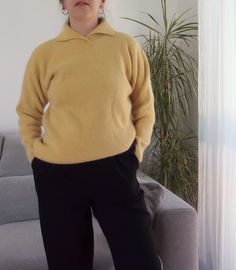 "Vintage angora and wool yellow sweater by the brand Franco Callegari. 80's polo neck knit jumper sweater. Fits like a S/M. Measurements lying flat: Bust: 48 cm / 19\" Length: 58 cm / 23\" Very good condition." Yellow Sweater, Polo Neck, Pullover Sweater Women, Jumper Sweater, Knit Jumper, Women Pullover, Pullover Sweaters, Sweater Outfits, Jumper