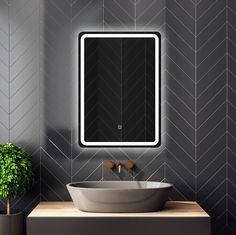 a bathroom sink with a mirror above it and a potted plant in the corner