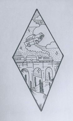 a black and white drawing of a car going over a bridge