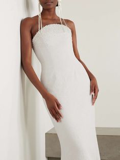 CLIO PEPPIATT Olympia strapless faux pearl-embellished tulle gown Clio Peppiatt, Simple Veil, Tambour Beading, Curved Neckline, Hourglass Silhouette, Boned Bodice, Tulle Gown, Embellished Dress, Olympia