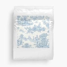 a blue and white toiler print duvet cover