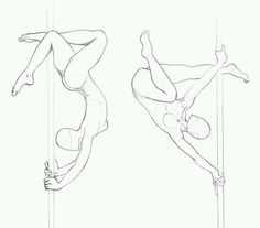 a drawing of two acrobats hanging upside down on the same pole as one another