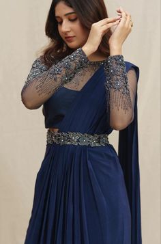 Gown Out Of Saree, Navy Blue Saree Party Wear, Gown For Reception Party, Cocktail Gowns Indian Weddings, Stylish Dresses For Wedding Indian, Bridal Party Aesthetic, Party Gowns Indian, Blouse Design For Fancy Saree, Farewell Looks