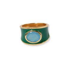 Hazel Oval Stone With Enamel Band Ring Green/Light Blue Green/Light Blue RING Gold Oval Enamel Ring With Gemstone, Oval Enamel Ring With Gemstone For Fine Jewelry, Oval Enamel Ring With Gemstone Gift, Oval Green Enamel Ring With Gemstone, Oval Cabochon Enamel Rings, Red Jade, Human Hands, Candle Cards, Candle Matches