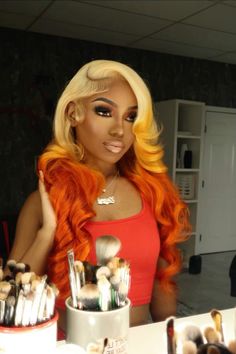 Blonde And Red Wig Black Women, Yellow Wig Install, Blonde Hair With Orange Highlights, Blonde And Orange Hair, Pretty Wigs, Wigs Hairstyles, Orange Wig