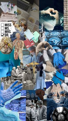 collage of medical images with blue gloves and hands in front of them, including an x - ray