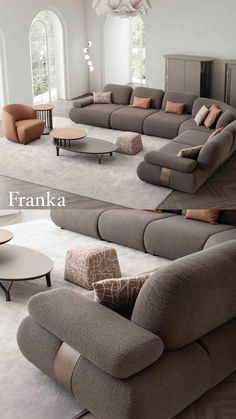 two pictures of a living room with couches and chairs in it, one is grey and the other is brown