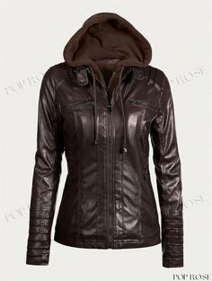 Poprose - Spring Essentials Hooded Leather Jacket For Women Winter Leather Jacket With Double-lined Hood, Fitted Hooded Leather Jacket For Cold Weather, Brown Hooded Jacket With Double-lined Hood For Cold Weather, Hooded Leather Jacket For Outdoor Fall, Brown Winter Hooded Jacket, Brown Hooded Jacket For Fall With Zipper Closure, Brown Hooded Jacket For Fall With Zipper, Fall Outdoor Leather Jacket With Double-lined Hood, Hooded Leather Jacket With Zipper For Fall