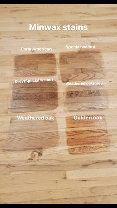 several different types of wood stain on a wooden floor with the words minwax stains