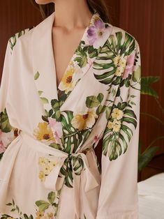 Tropical Floral Printed Pajama Set 2 Pcs Luxury Short Robe | Ulivary Groom Suite, Bride Pajama, Bridal Pajamas, Printed Pajama, Luxury Robes, Silk Pajamas Women, Cute Pjs, Pyjamas Womens, Floral Pajamas