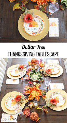 the thanksgiving table is set with plates and place settings